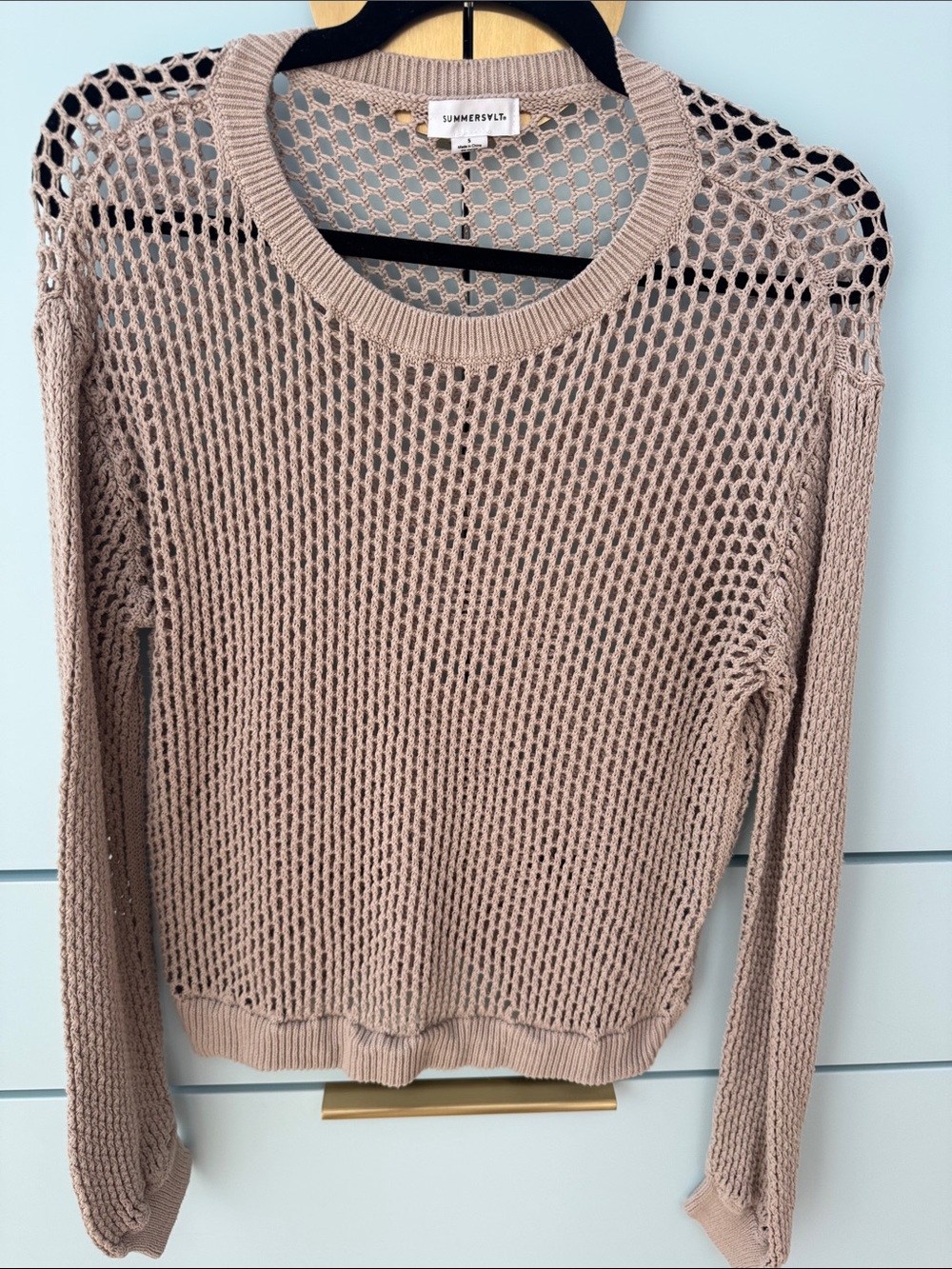 summersalt Open-Knit Scoop Crewneck Sweater in Taupe